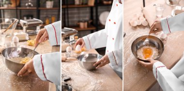 Mutfaktaki masada makarna yapan kadın aşçı kolajı.