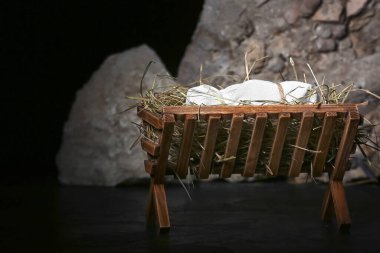 Bebekli ahır, siyah arka planda saman ve taşlar.