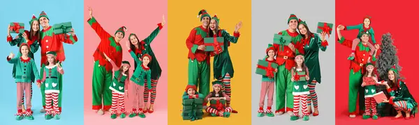 Collage Von Glücklichen Familie Von Weihnachtselfen Auf Farbigem Hintergrund — Stockfoto