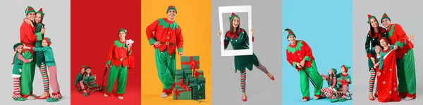 Gruppe Von Glücklichen Weihnachtselfen Auf Farbigem Hintergrund — Stockfoto