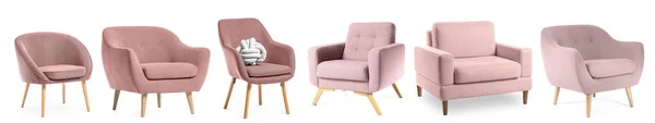 Collage of modern pink armchairs on white background