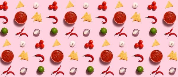 Pattern for design with tasty salsa sauce and ingredients on pink background