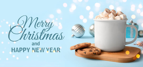 Greeting card for Merry Christmas and Happy New Year with cup of hot chocolate