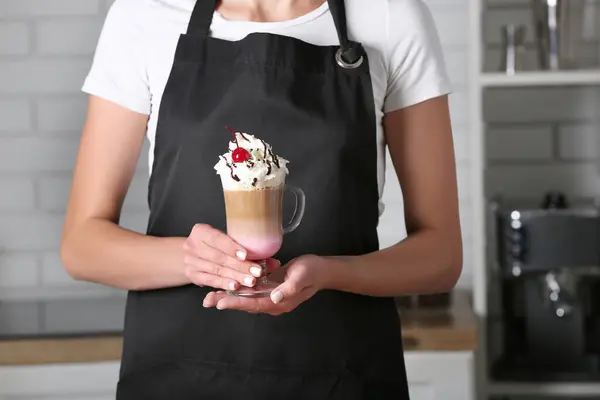 Female Barista Holding Glass Cup Tasty Coffee Kitchen — Stock Photo, Image