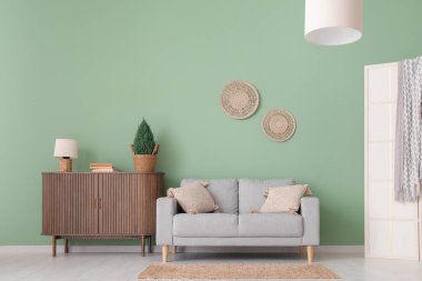 Gri kanepesi ve ahşap dolabı olan şık bir oturma odası.