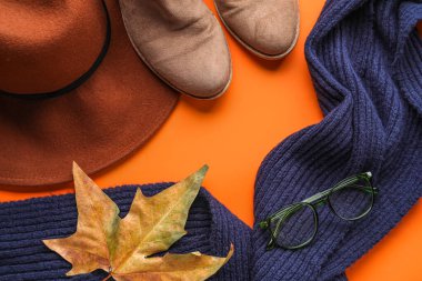 Şık kadın aksesuarlarından, ayakkabılarından ve arka planda düşmüş yaprağından yapılmış çerçeve, yakın plan