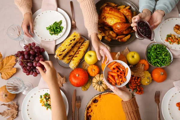 Women Tasty Food Dining Table Set Thanksgiving Day Top View — Stock Photo, Image