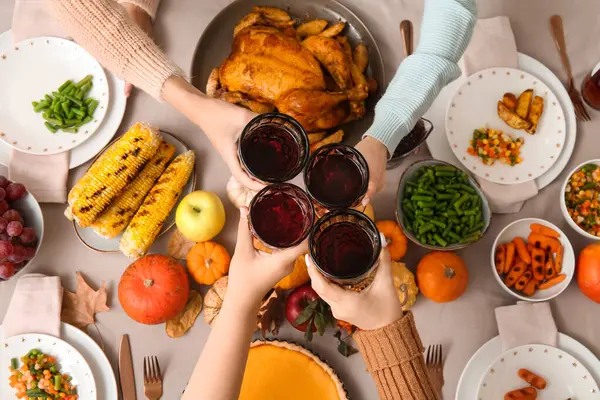 Women Wine Tasty Food Dining Table Set Thanksgiving Day Closeup — Stock Photo, Image