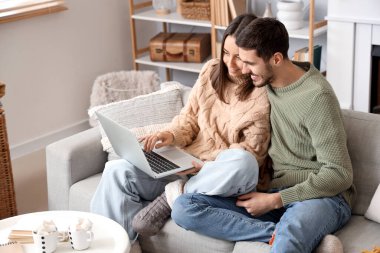 Sevgili çift kış günü evde dizüstü bilgisayar kullanıyor.