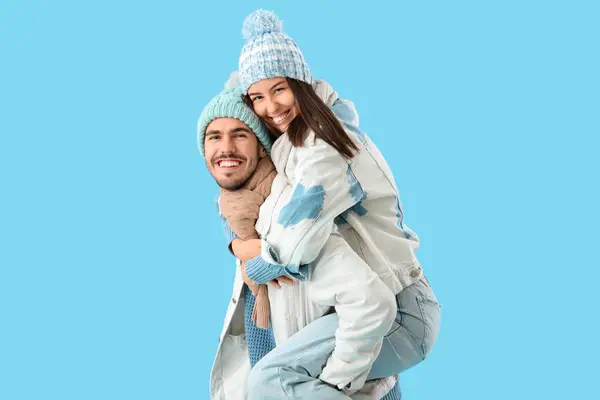 Loving Couple Winter Clothes Blue Background — Stock Photo, Image