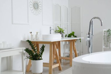 Banyonun içinde beyaz lavabo, küvet ve bitkiler var.