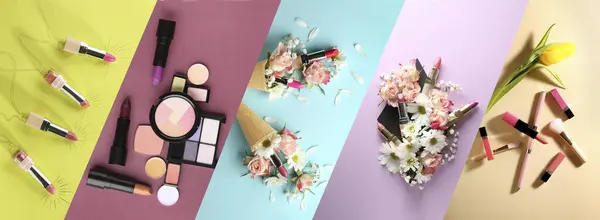 Collage with flowers and cosmetics on color background, flat lay