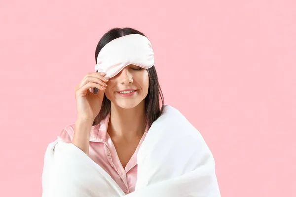 Young Woman Sleeping Mask Blanket Pink Background — Stock Photo, Image