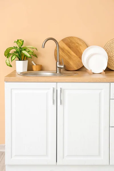 Kitchen counters with sink, clean dishes, cutting boards and houseplant
