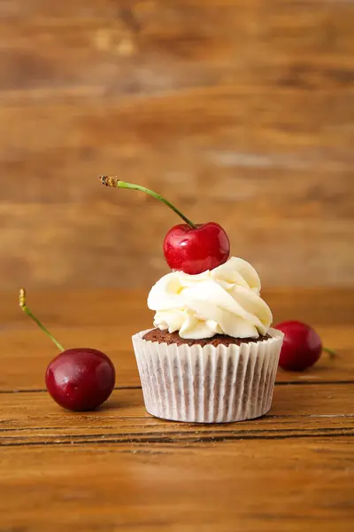 Tasty Cherry Cupcake Wooden Background Stock Photo