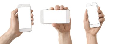 Beyaz arka planda modern cep telefonu olan erkek elleri kolajı