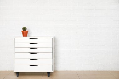 Hafif tuğla duvarın yanındaki çekmecelerin üstündeki ev bitkisi.