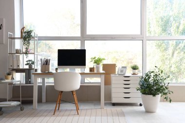 Çalışma yeri, raf ünitesi ve bitkileri olan modern ofis.