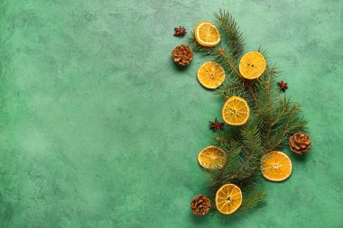 Köknar dallı kurutulmuş portakal dilimleri, çam kozalakları ve yeşil arka planda yıldız anasonu.