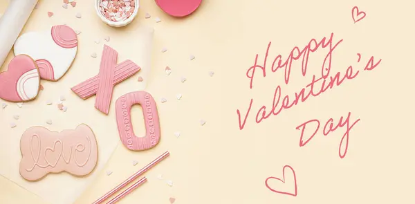 Banner Saudação Para Dia Dos Namorados Com Biscoitos Doces — Fotografia de Stock