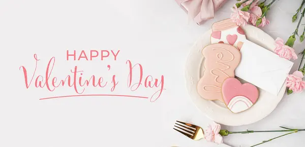 Banner Saudação Para Dia Dos Namorados Com Biscoitos Doces Flores — Fotografia de Stock