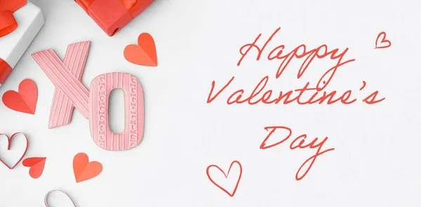 Banner Saudação Para Dia Dos Namorados Com Biscoitos Doces Corações — Fotografia de Stock