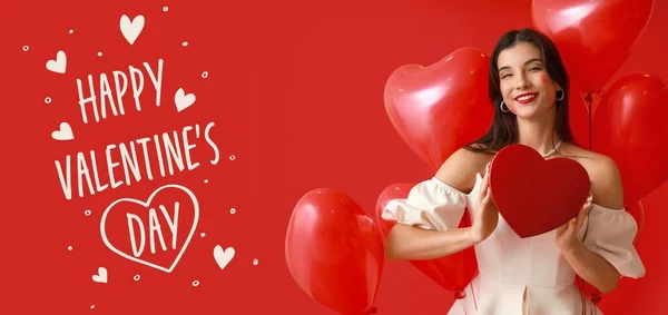 Banner Saudação Para Dia Dos Namorados Com Bela Jovem Segurando — Fotografia de Stock