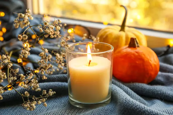 Burning candle with dried flowers and pumpkins on plaid near window, closeup