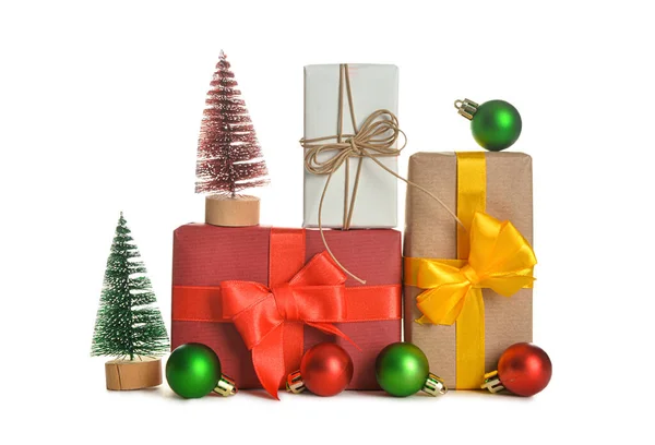 Gift Boxes Bows Christmas Trees Balls White Background Stock Photo