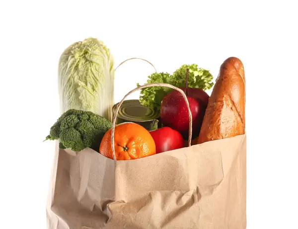 Paper Bag Food White Background Grocery Shopping — Stock Photo, Image