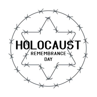 Beyaz arkaplanda dikenli telden yapılmış David yıldızıyla Yahudi Soykırımını Anma Günü için poster