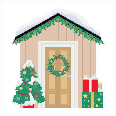 Ön kapı beyaz arka planda Noel kutlaması için dekore edilmiş.