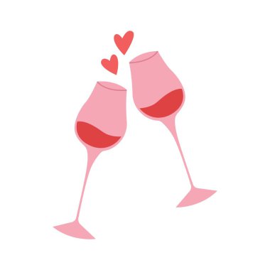 Beyaz arka planda şarap ve kalp kadehleri. Sevgililer Günü kutlaması