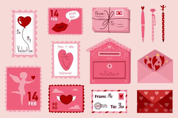 Set Envelopes Postage Stamps Mailbox Pens Pink Background Valentine Day — Stock Vector