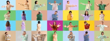 Renkli arka planda insanları kucaklayan bir grup