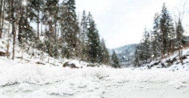 Kış günü karlı ormanda boş bir masa