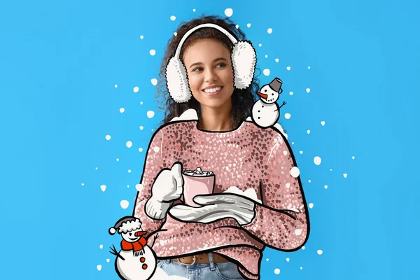 Vacker Ung Kvinna Snygga Vinterkläder Med Kopp Varm Choklad Och — Stockfoto