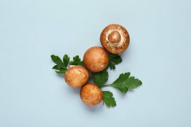 Gri arka planda maydanozlu çiğ şampiyon mantarları.