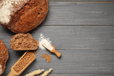 Gri ahşap zemin üzerinde buğday dikenli somunlar, un ve tahıllar.