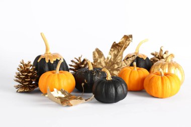 Altın külahlı balkabakları ve beyaz arkaplanda yaprakları