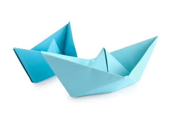 Barcos Origami Azul Fundo Branco — Fotografia de Stock