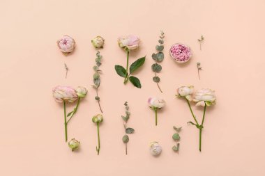 Güzel pembe güller ve bej arka planda okaliptüs.