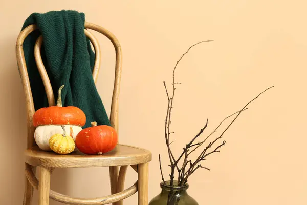 Chair with pumpkins and tree branches in vase near beige wall