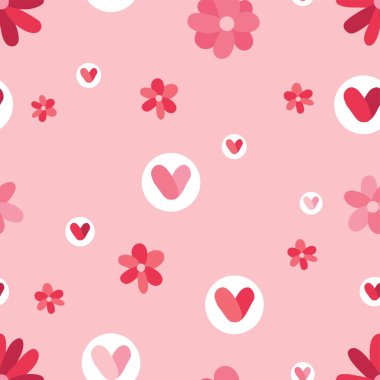 Pembe arka planda bir sürü kalp ve çiçek var. Sevgililer Günü kutlaması için desen