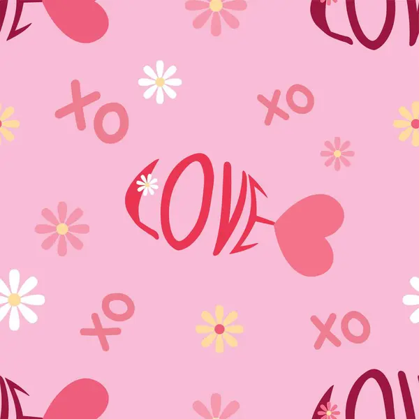 Woorden Liefde Harten Bloemen Roze Achtergrond Valentijnsdag — Stockvector