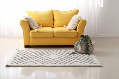 Şık bir halı. Oturma odasında çiçek ve kanepe var.