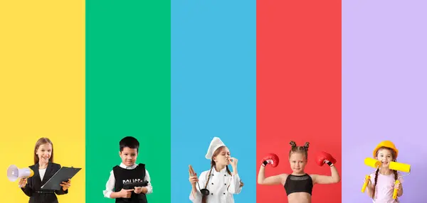 Group of children in uniforms of different professions on color background