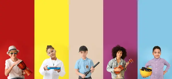 Collage of children in uniforms of different professions on color background
