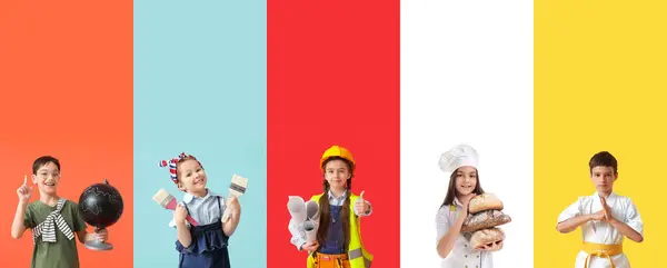 Set of children in uniforms of different professions on color background