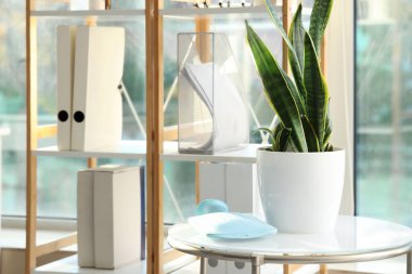 Sağlık ofisindeki masada sıcak su şişesi olan bitki, yakın plan.